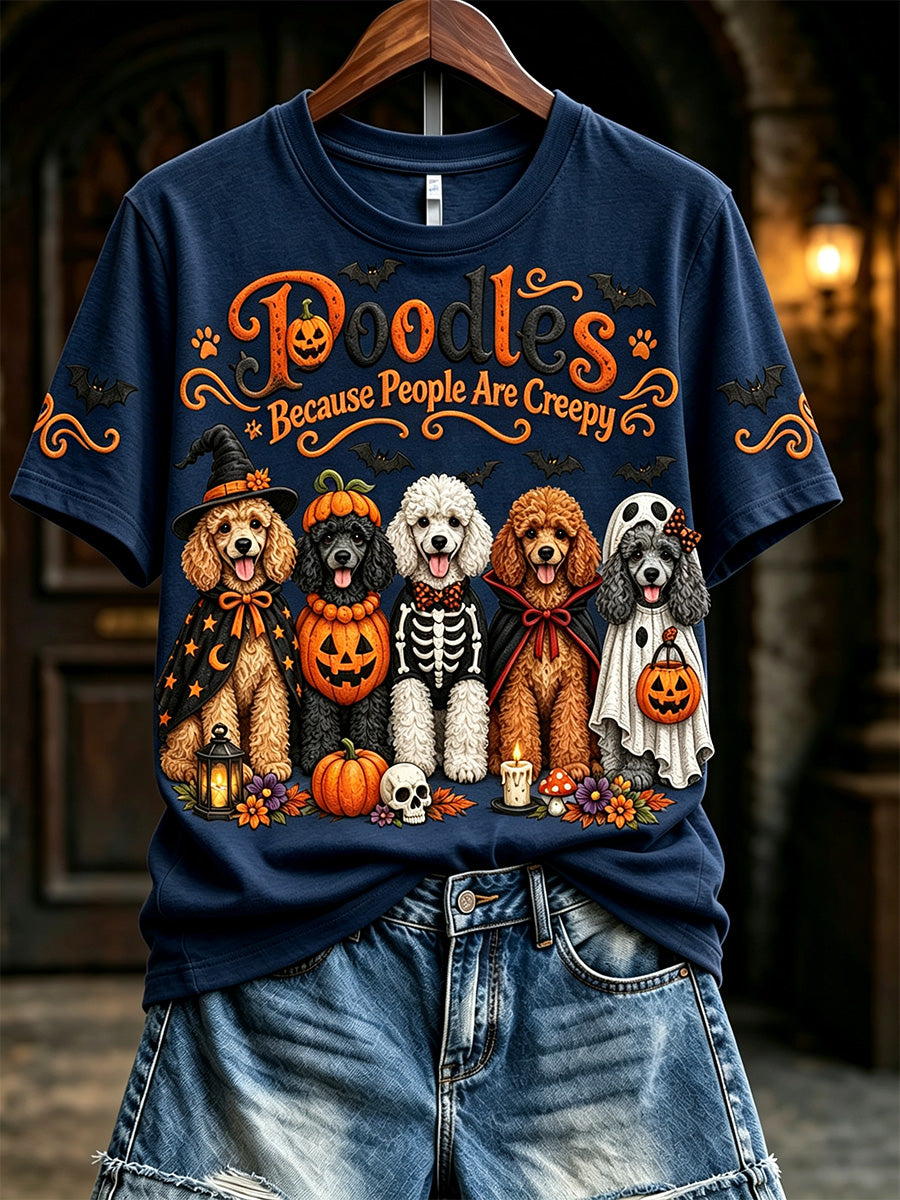 Women's Vintage Poodles Because People Are Creepy Halloween Print Short-sleeved T-shirt