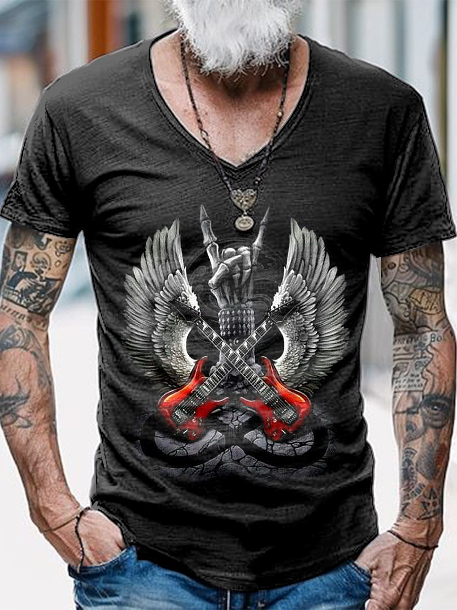 Punk Music Guitar Printed Vintage Fashion Loose V-Neck Short Sleeve T-Shirt