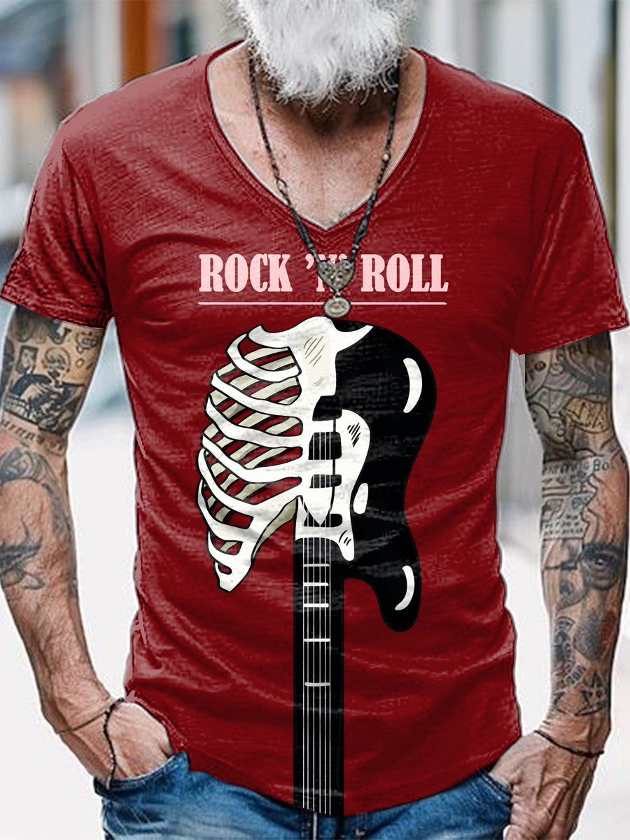 Punk Music Guitar Printed Vintage Fashion Loose V-Neck Short Sleeve T-Shirt