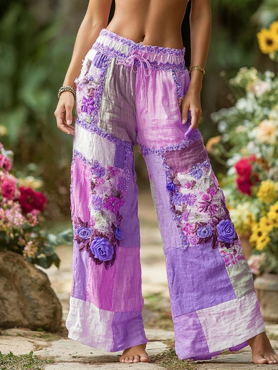 Retro Rural Floral Patchwork Printed Contrast Waist Drawstring Pants