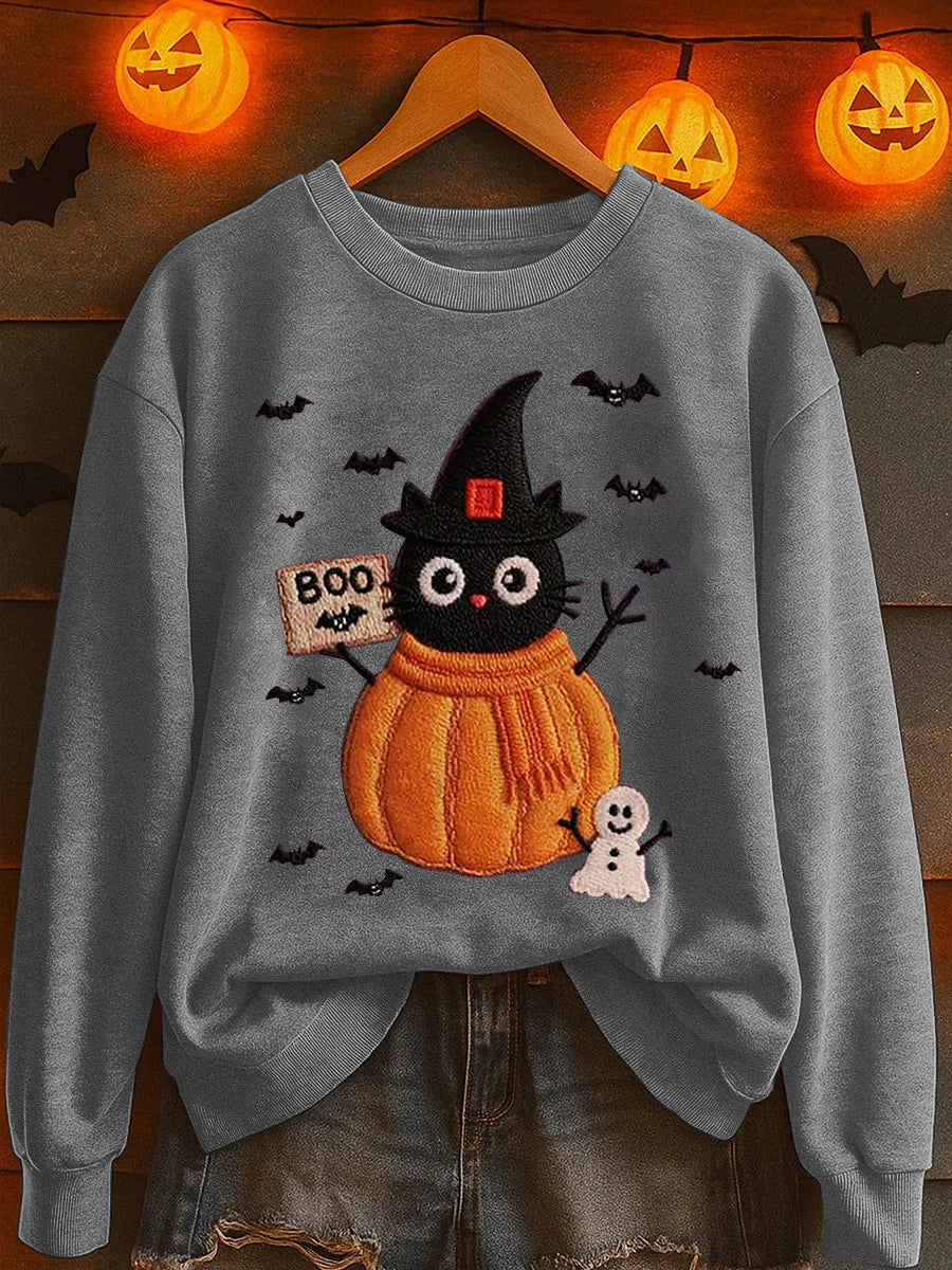 Women's Black Cat Pumpkin Print Casual Sweatshirt