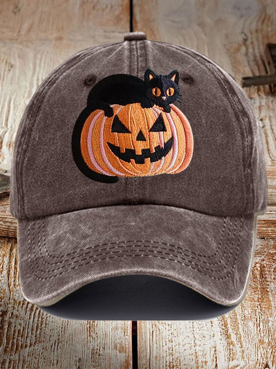 Unisex Fall Halloween Black Cat Pumpkin Print Hat