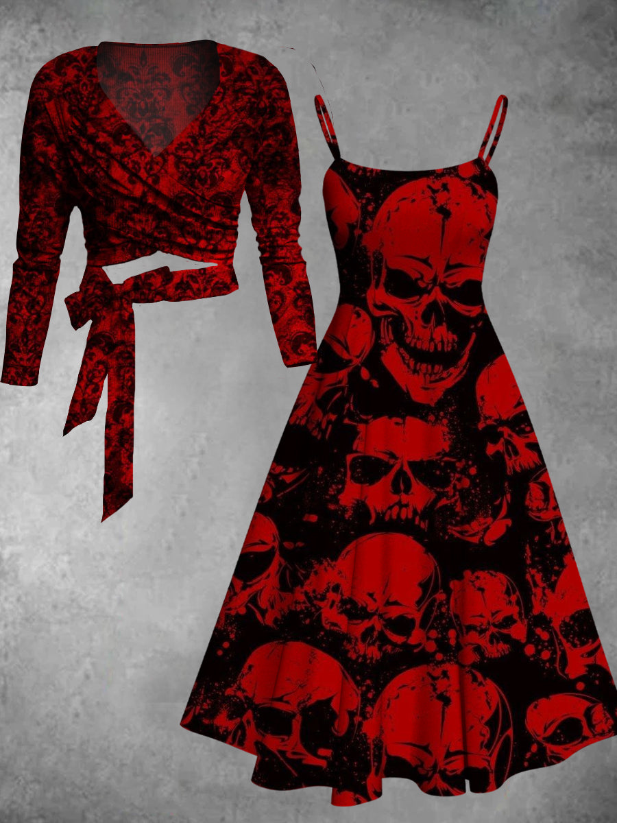 Vintage Skull Floral Art Print Two-Piece Dress