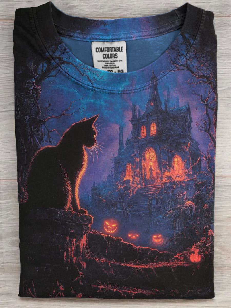Halloween Cat Castle Print Casual Short Sleeve T-Shirt
