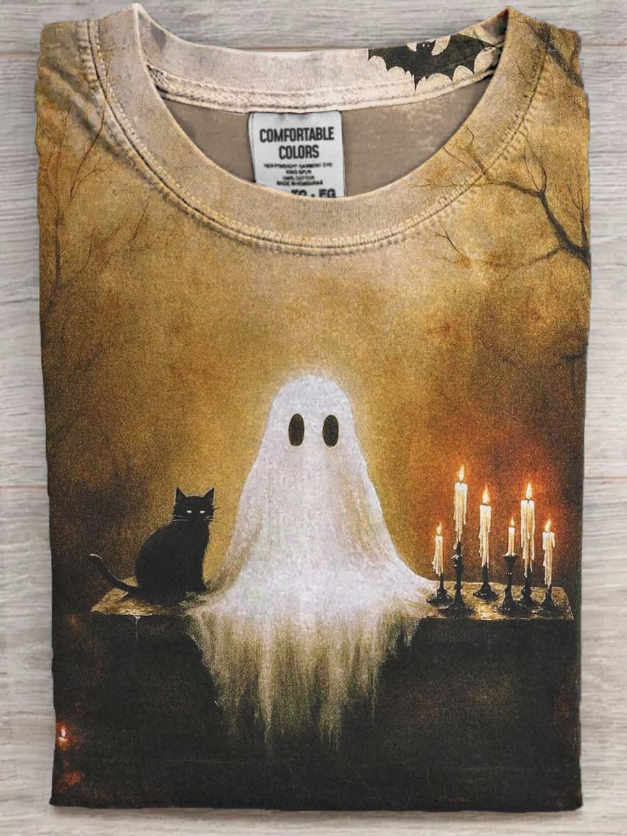 Halloween Spooky Cat Print Casual Short Sleeve T-Shirt