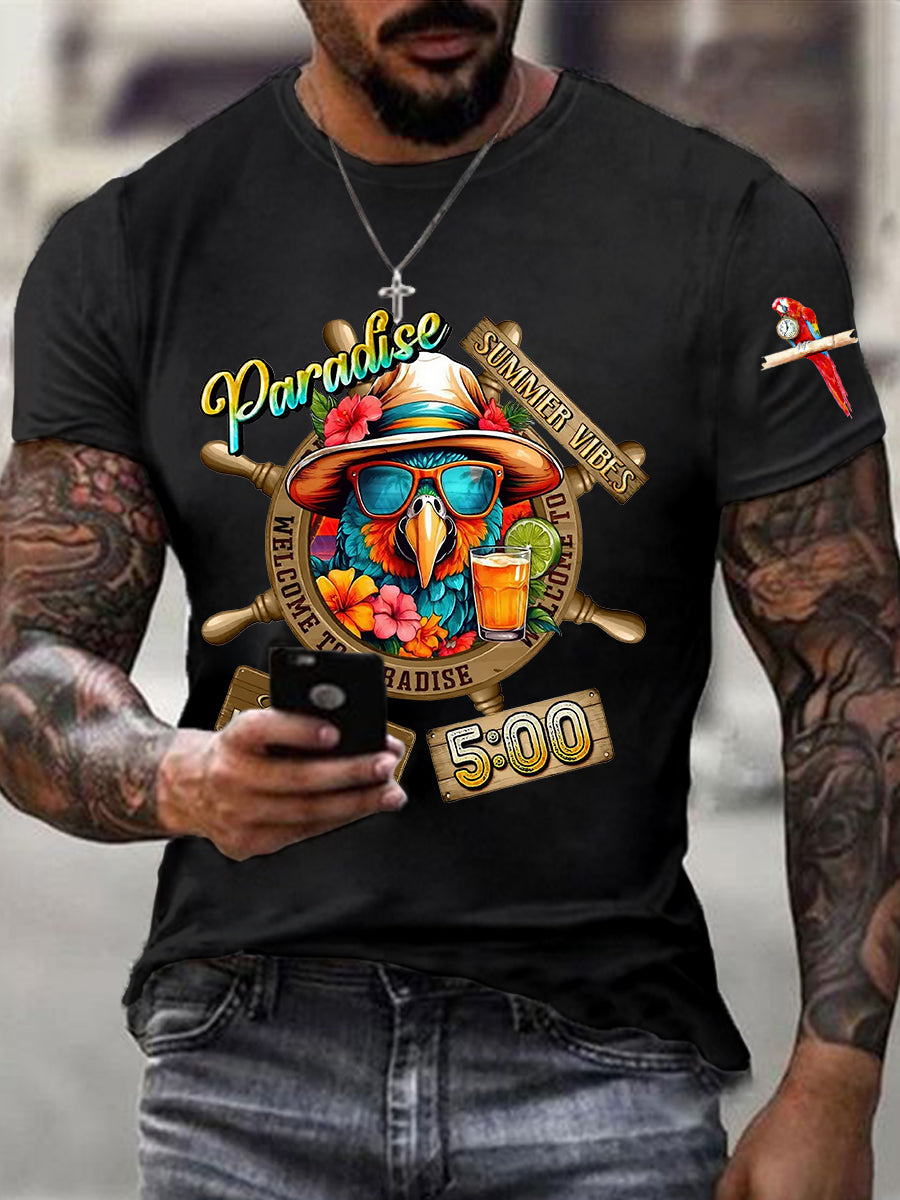 Men's Always Happy Hour Paradise It's 5 o'clock Parrot Print Casual Short Sleeve Tee