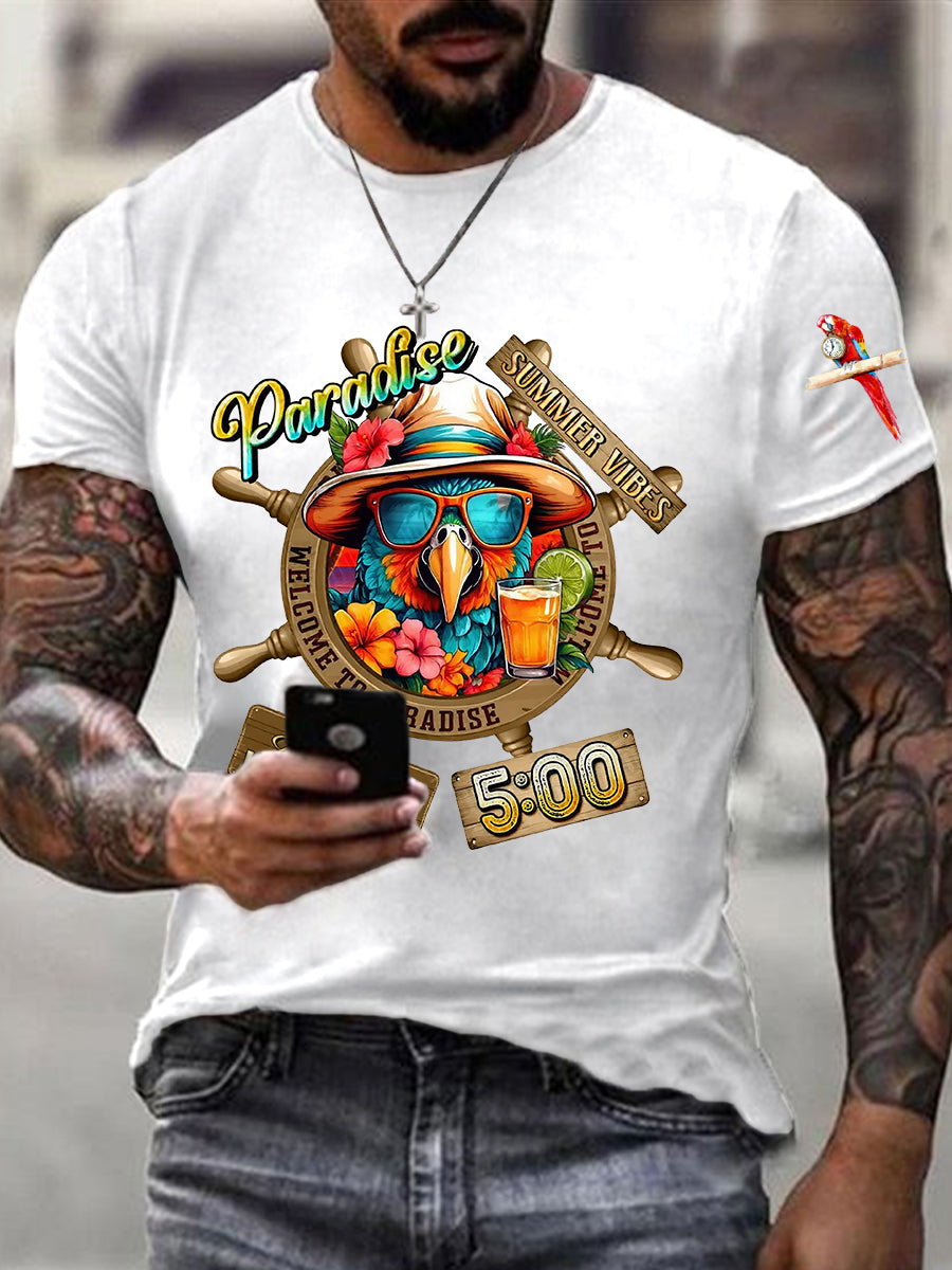 Men's Always Happy Hour Paradise It's 5 o'clock Parrot Print Casual Short Sleeve Tee