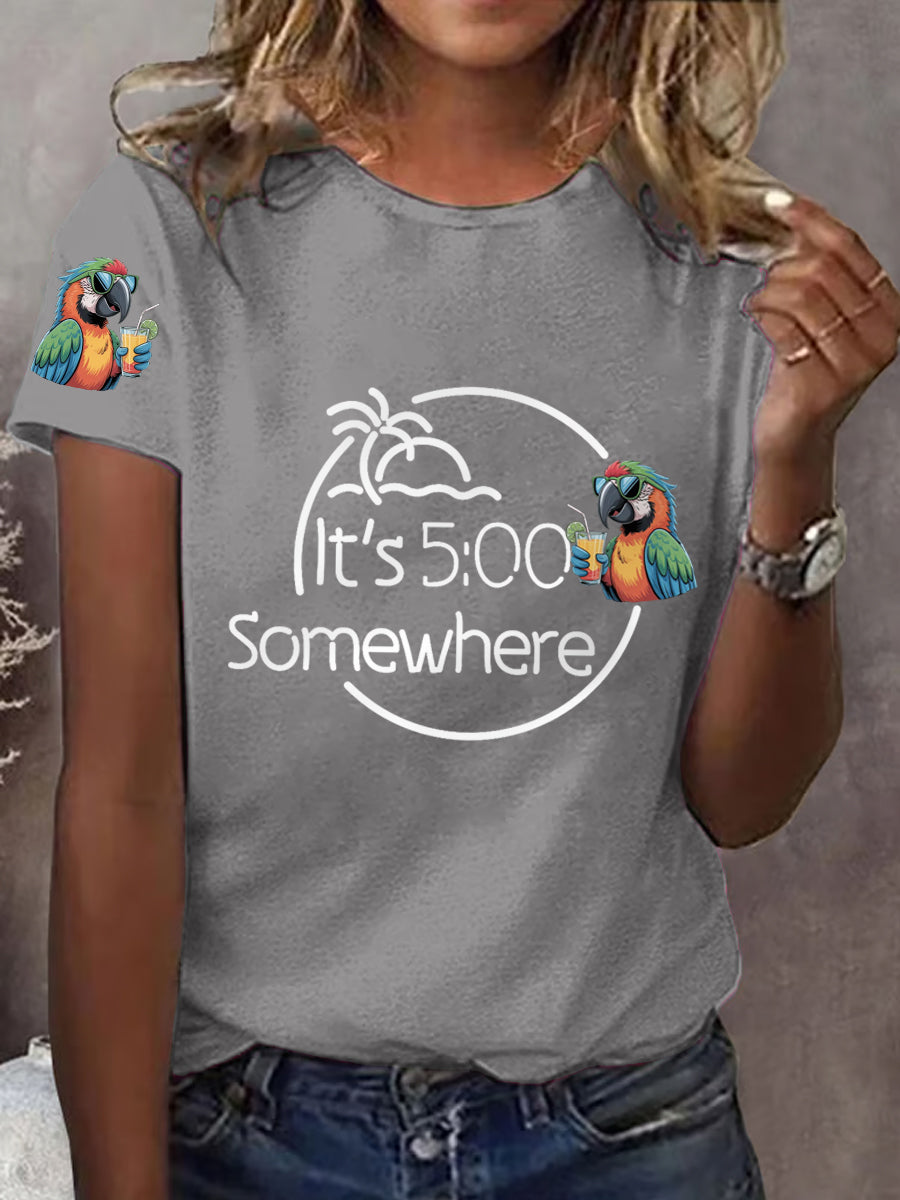 Women's It‘s 5 O'clock Somewhere Parrot Print Casual Tee