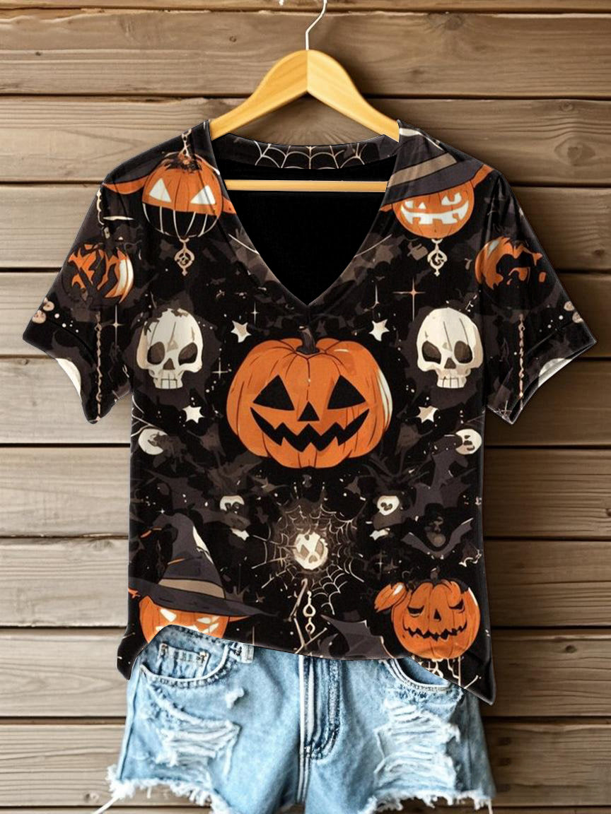 Women's Halloween Printed V-neck T-shirt