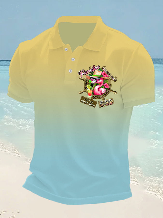 Men's It's 5 O'clock Somewhere Flamingo Print Casual Short Sleeve Top