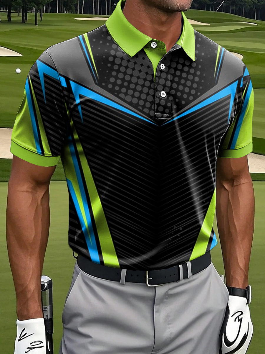 Men's Retro Symmetrical Line Geometric Art Print Casual Business Polo Shirt