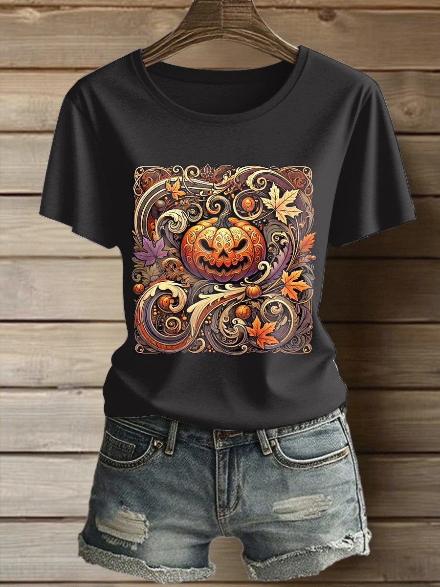Women's Folk Art Pumpkin Printed Vintage Fashion Loose Short Sleeve T-Shirt