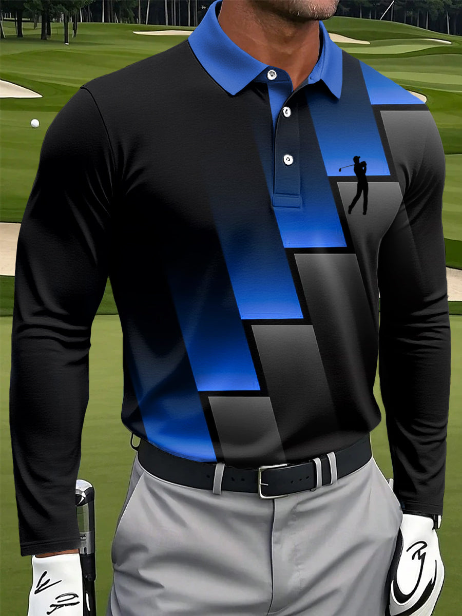 Men's Retro Gradient Geometric Art Print Casual Business Long Sleeve Polo Shirt