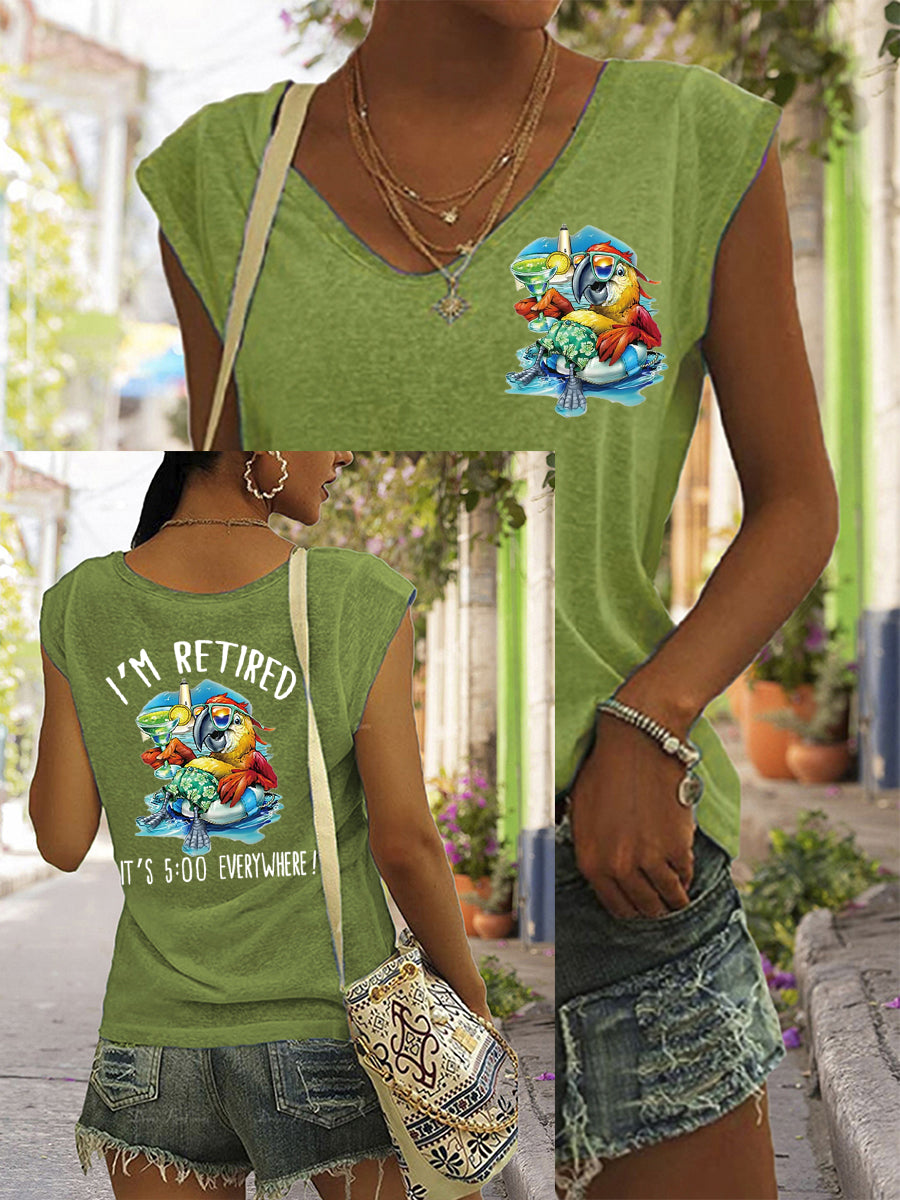 Women's I'm Retired It's 5 O'clock Everywhere Parrot Print Casual Sleeveless T-Shirt