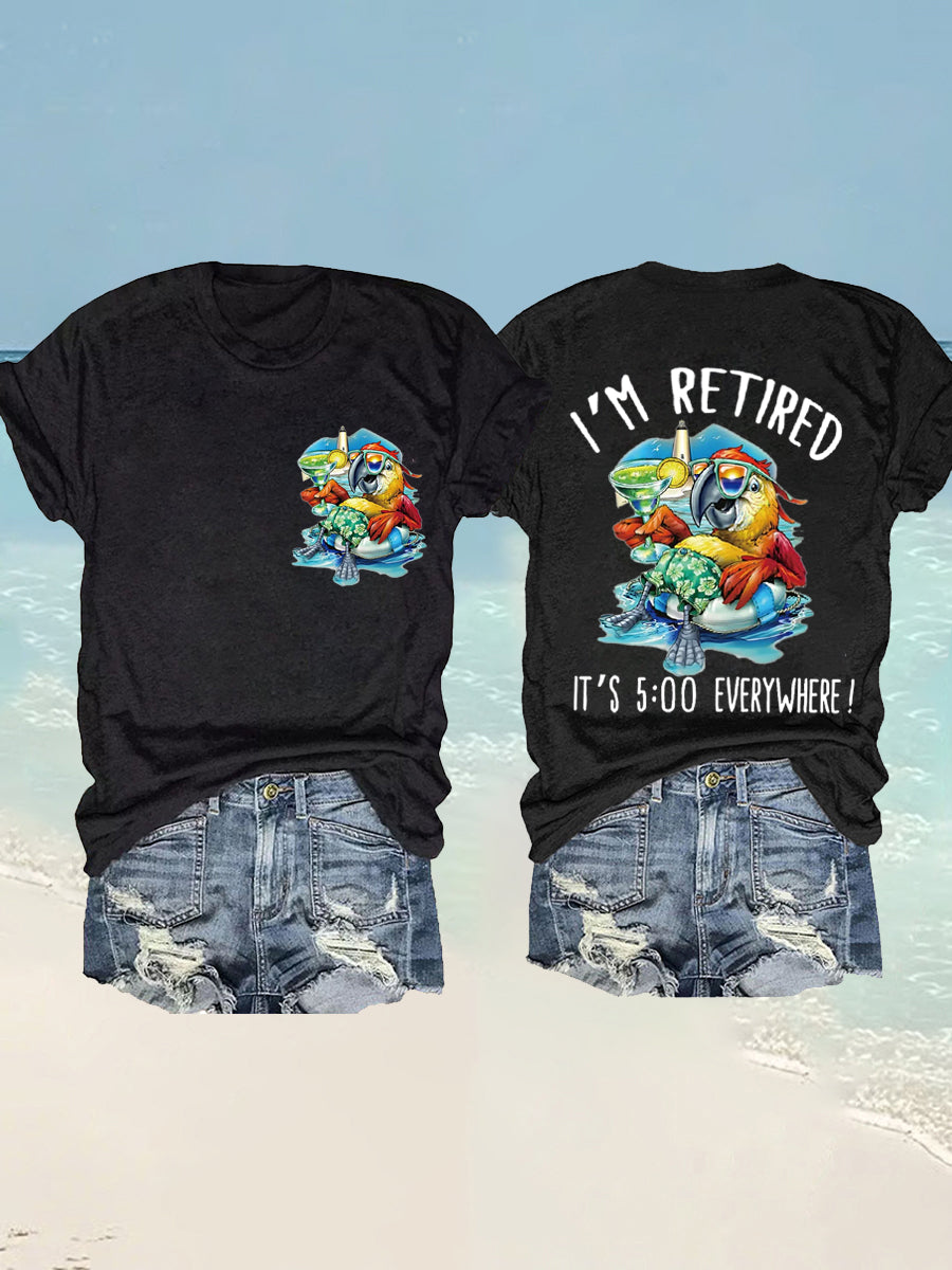 Women's I'm Retired It's 5 O'clock Everywhere Parrot Print Casual Tee