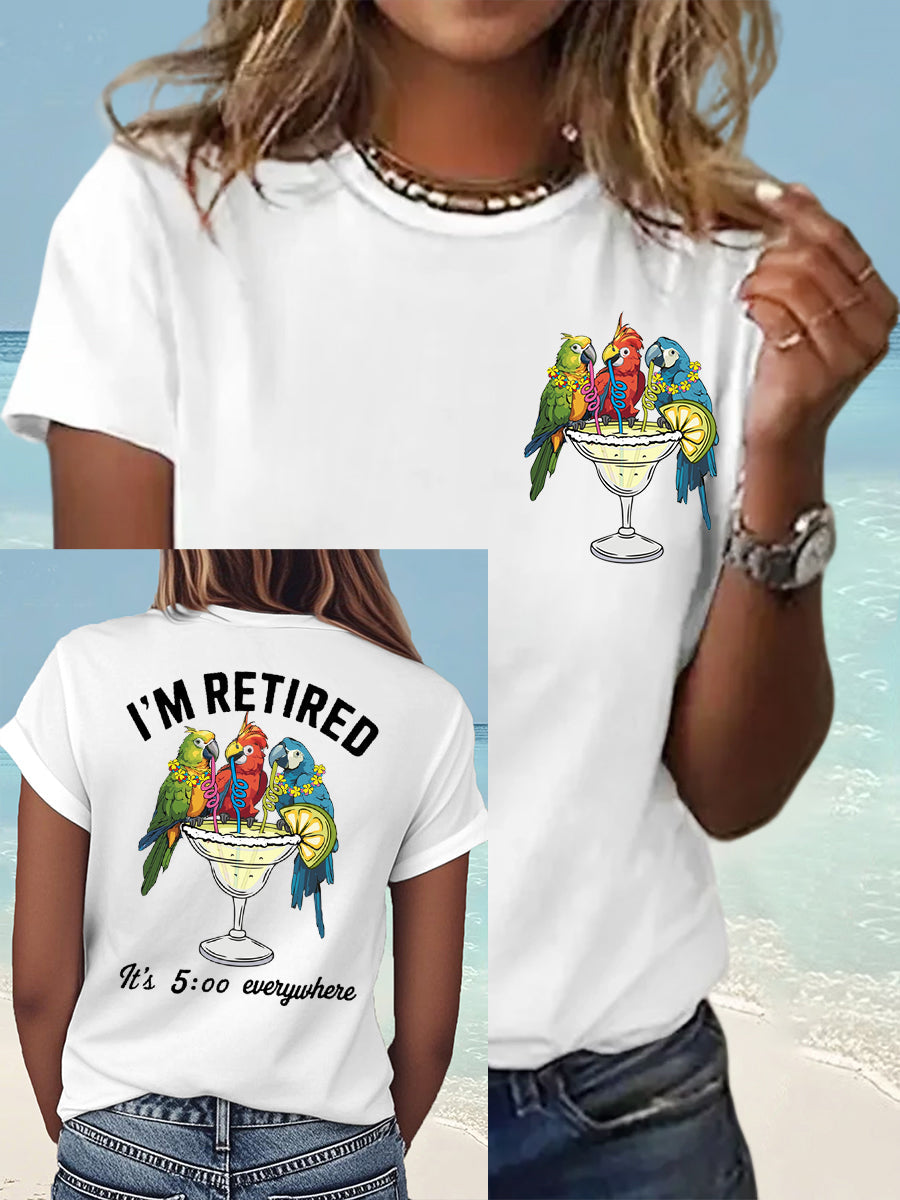 Women's I'm Retired It's 5 O'clock Everywhere Parrot Print Casual Tee