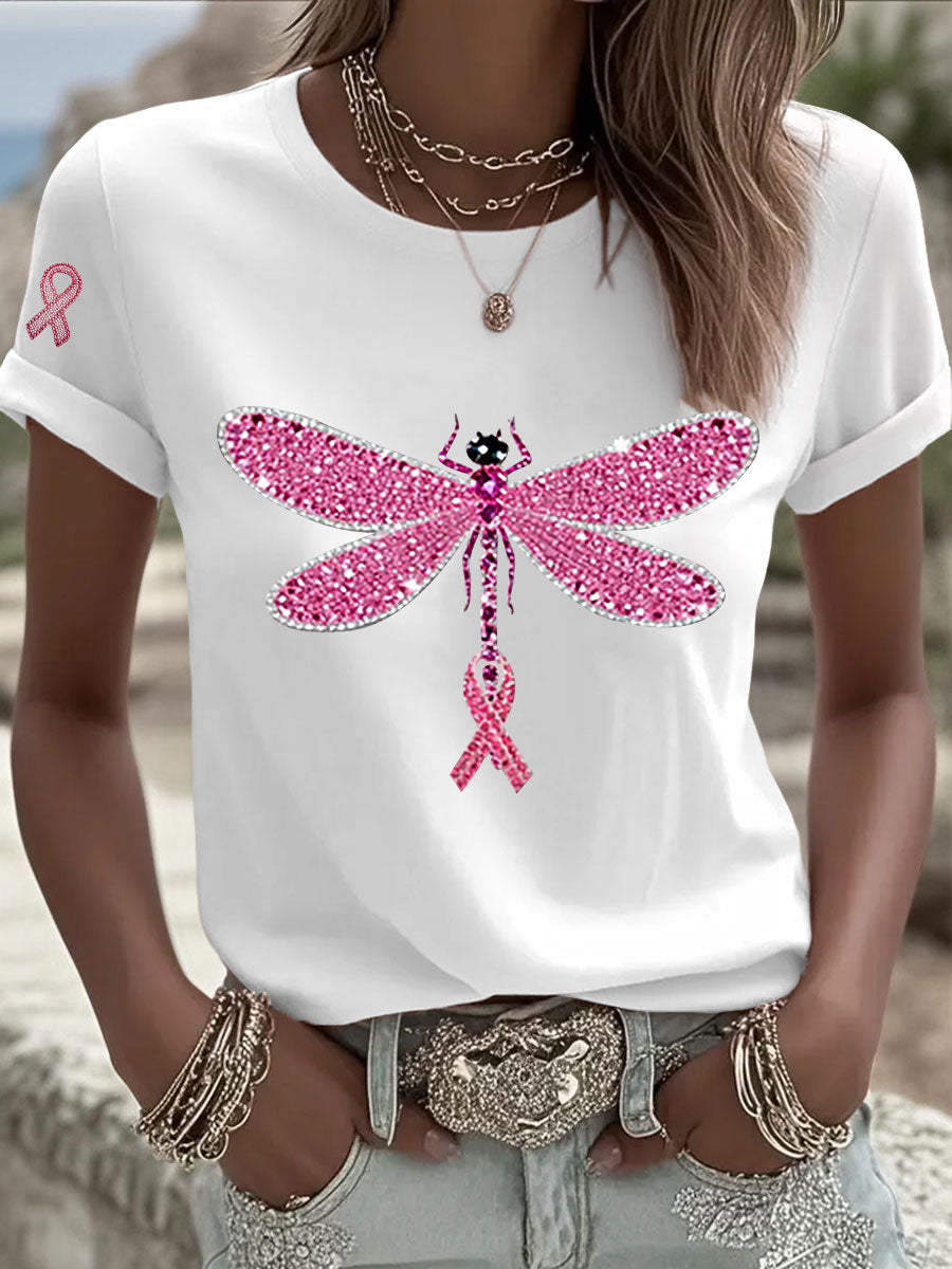 Women's Pink Ribbon Print Casual T-shirt