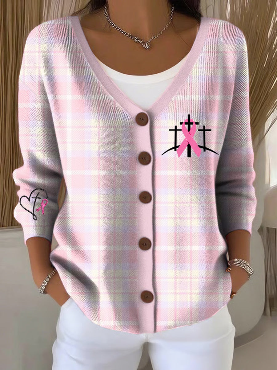 Women's Breast Cancer Awareness Pink Ribbon Print Cardigan