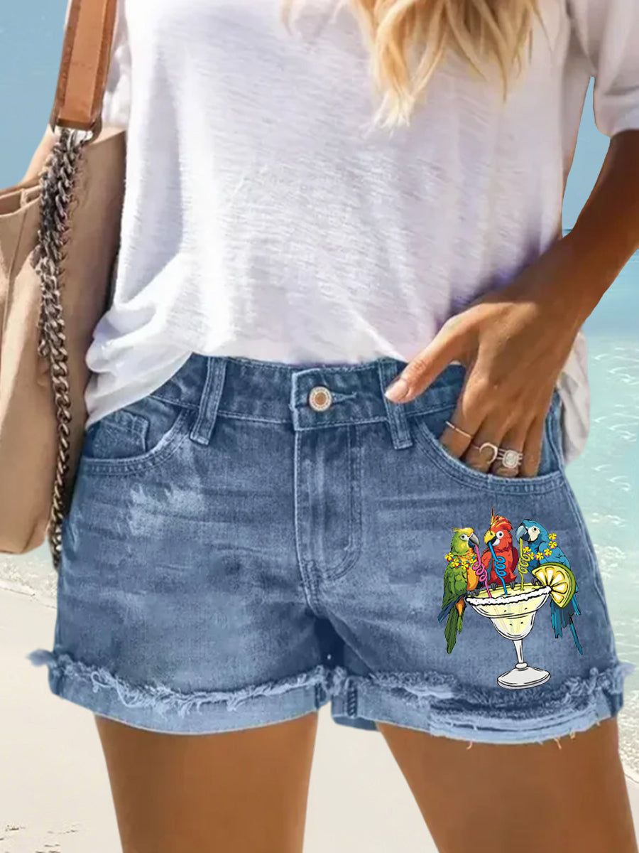 Women's I'm Retired It's 5 O'clock Everywhere Parrot Print Casual Denim Shorts