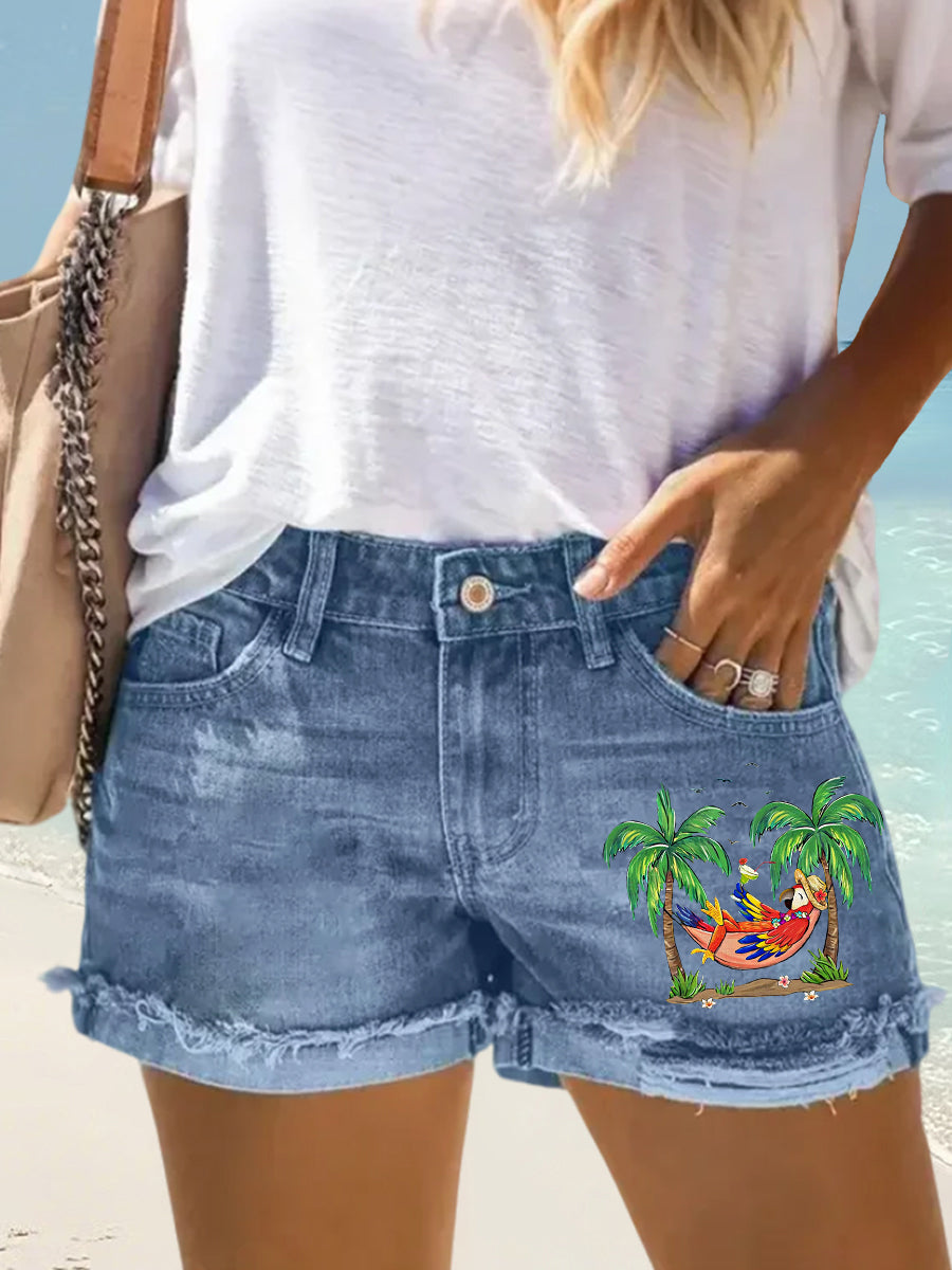 Women's I'm Retired It's 5 O'clock Everywhere Parrot Print Casual Denim Shorts
