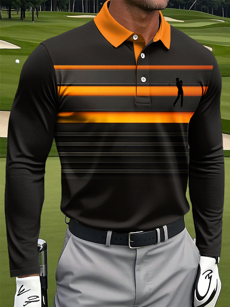 Men's Classic Gradient Striped Art Print Casual Long-Sleeved Polo Shirt