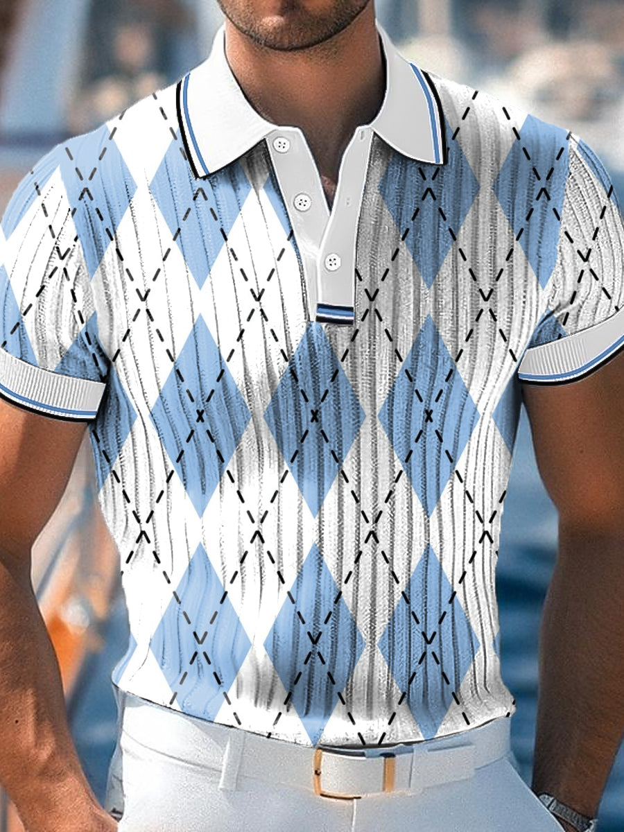 Men's Classic Striped Plaid Print Business Casual Polo Shirt