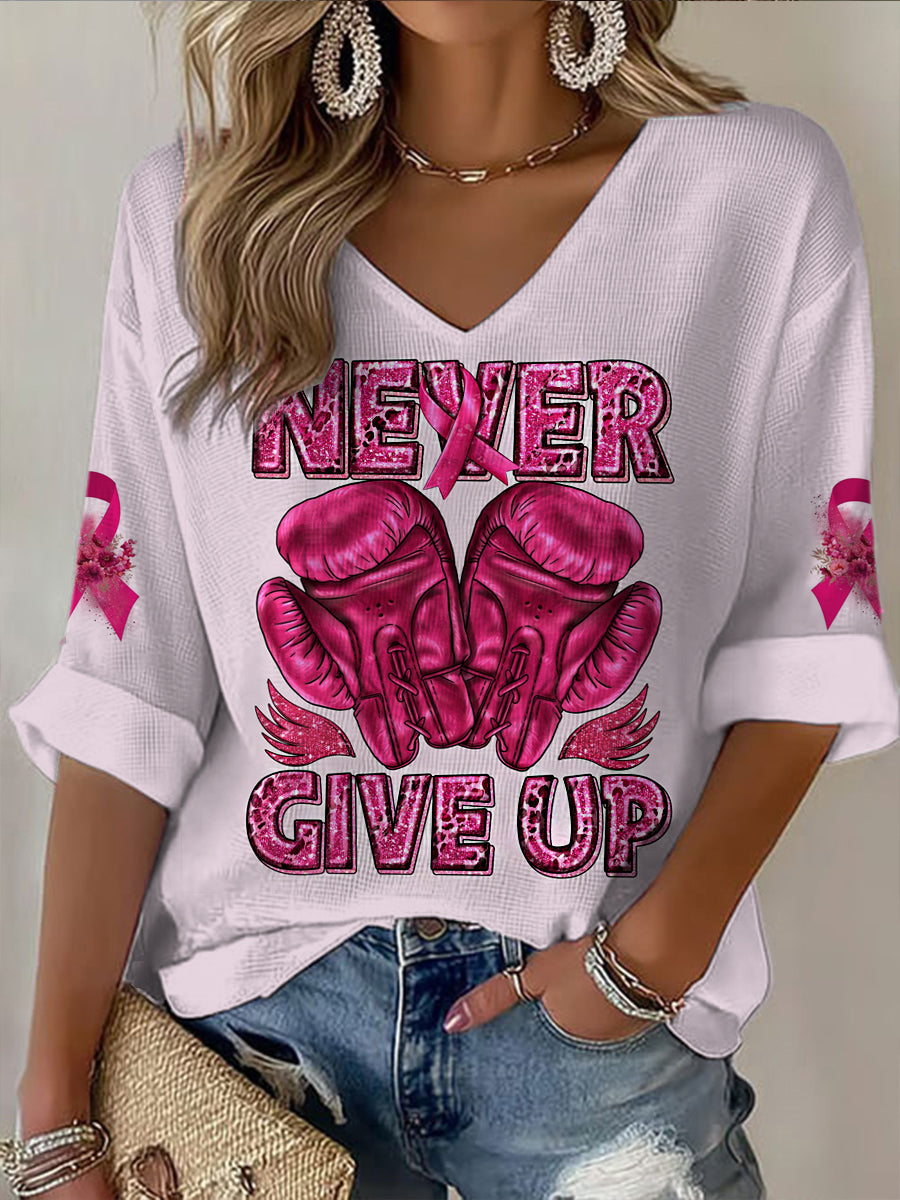 Women's V-neck Mid-Sleeve Breast Cancer Printed Casual T-shirt