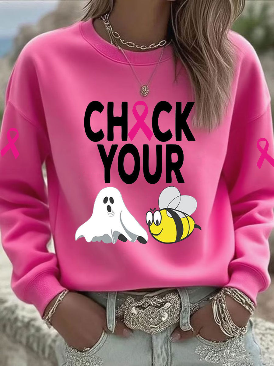 Women's Breast Cancer Awareness Check Your Boo Bees Printed Casual Sweatshirt