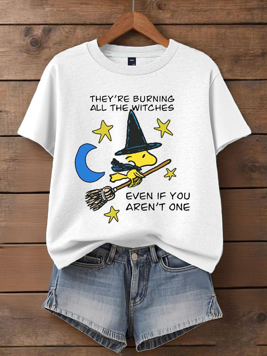Women's Music Lover Halloween They're Burning All The Witches Printed T-Shirt