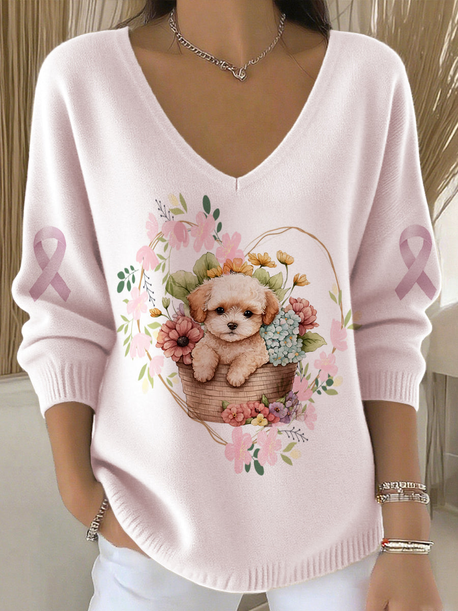 Women's Vintage Animal Floral Dog Art V-Neck Casual Top.