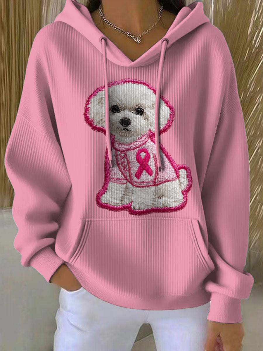 Women's Breast Cancer Dog Printed Round Neck Long Sleeved Hoodie