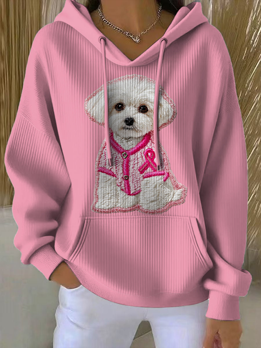 Women's Breast Cancer Dog Printed Round Neck Long Sleeved Hoodie