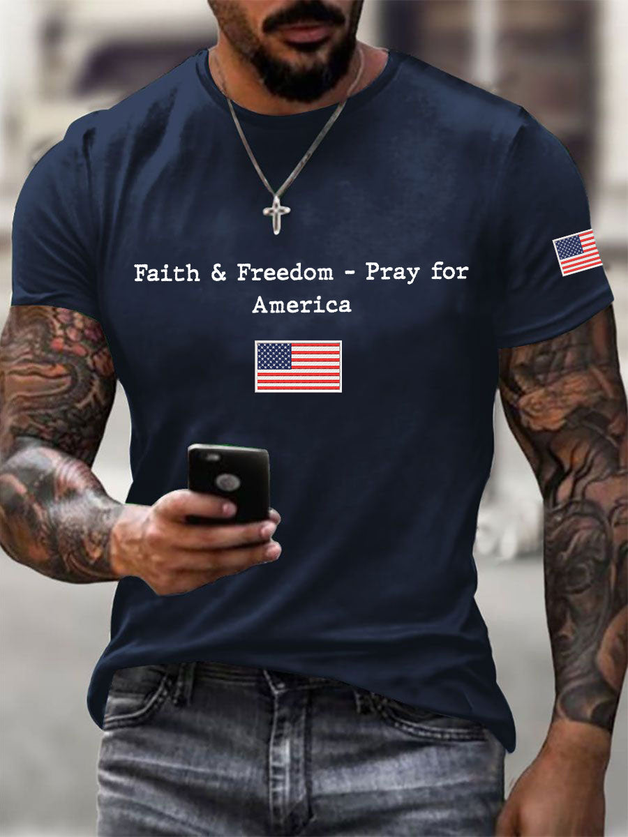 Men's Faith & Freedom Pray For America Printed Casual T-shirt