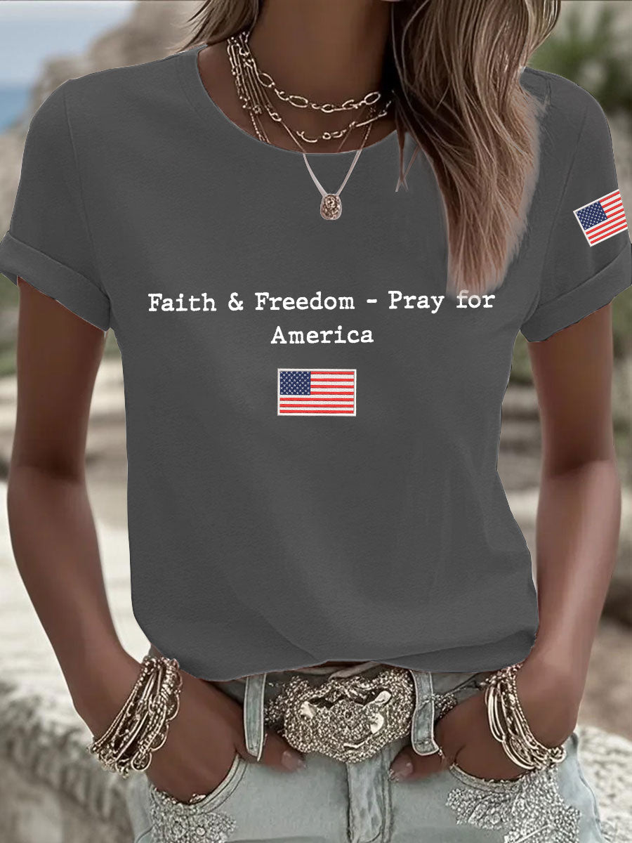 Women's Faith & Freedom Pray for America Printed Casual T-shirt