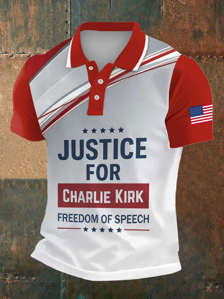 Men's Charlie Kirk Freedom Print Polo Collar Casual Short Sleeved Shirt