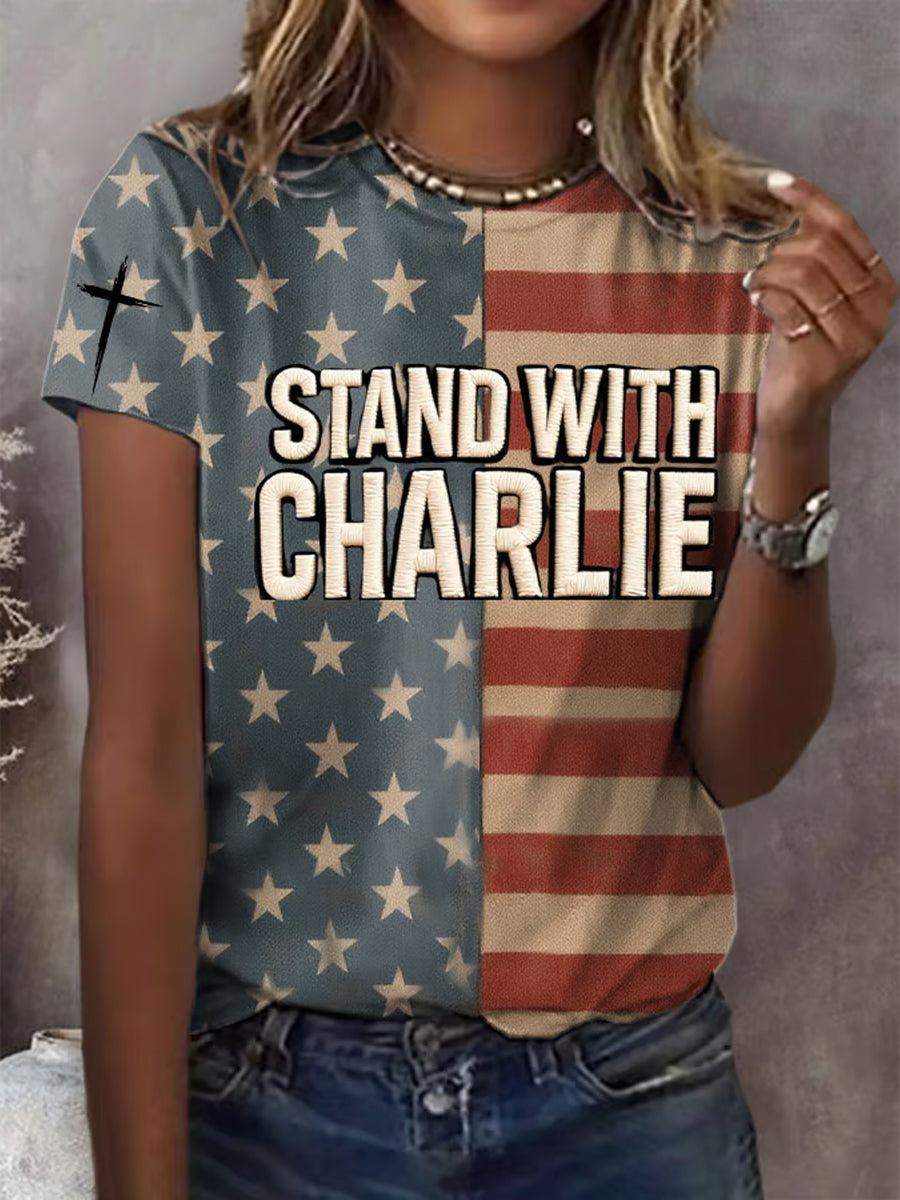 Women's Freedom American Flag Printed Commemorative T-shirt