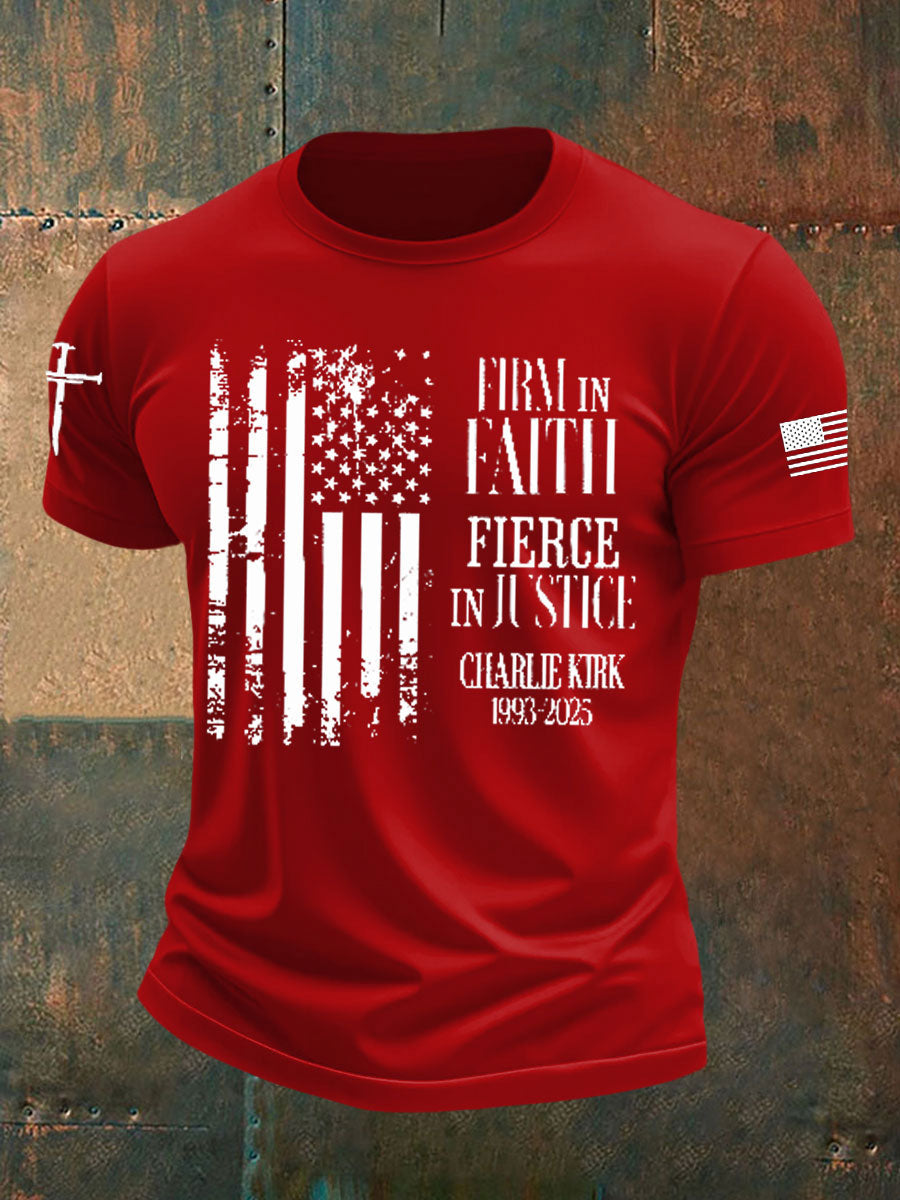 Men's Firm in Faith Fierce in Justice Shirt Political Gift Charlie Kirk 1993–2025 imitation cotton short-sleeved T-shirt