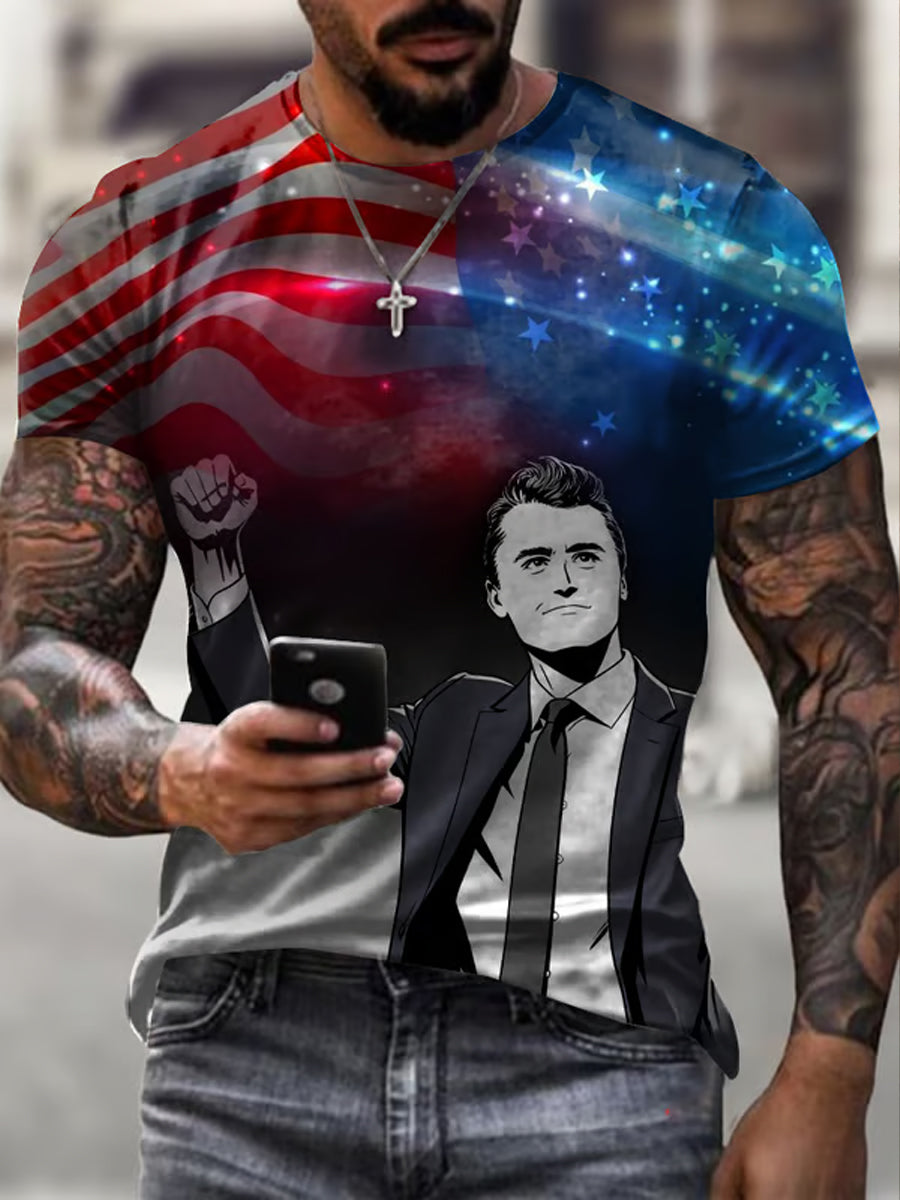 Men's Vintage Charlie Kirk American Flag Print Commemorative T-Shirt