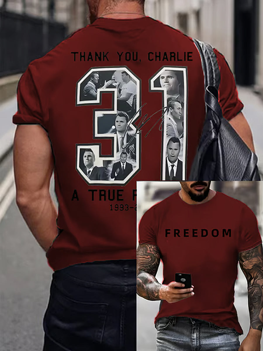 Men's Charlie Kirk Printed Vintage Fashion Loose Short Sleeve T-Shirt