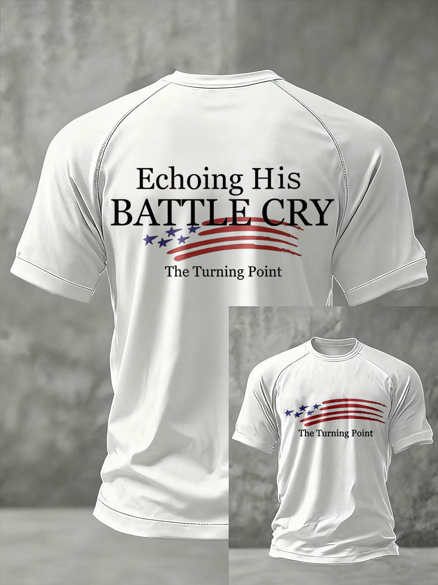 Men's Echoing His Battle Cry Charlie Kirk Short Sleeve T-shirt