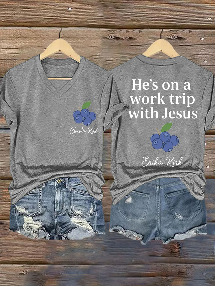 Women's He's On A Work Trip With Jesus Faith Based Inspired By Erika Kirk, Pray For Charlie Kirk V-Neck Tee
