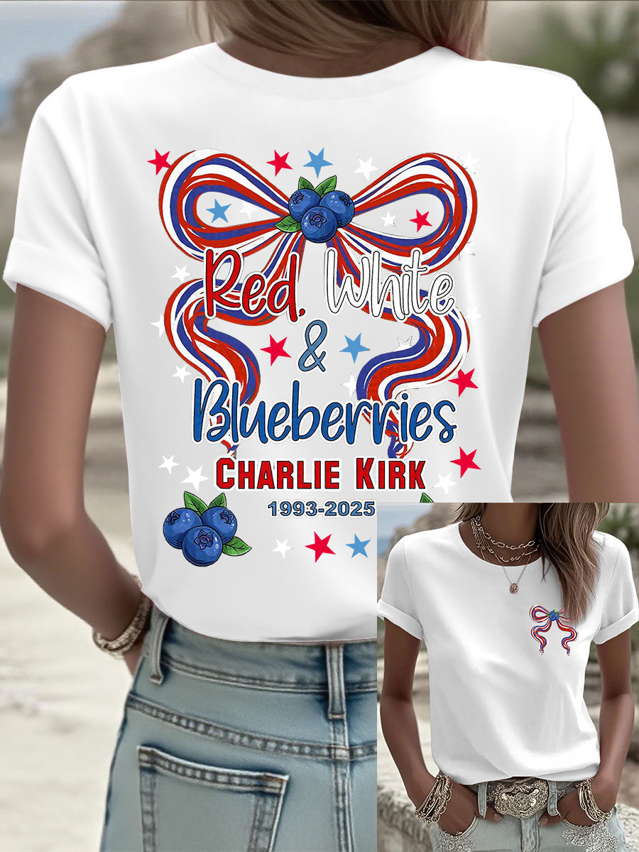 Women's Red White And Blueberries Print Casual T-shirt