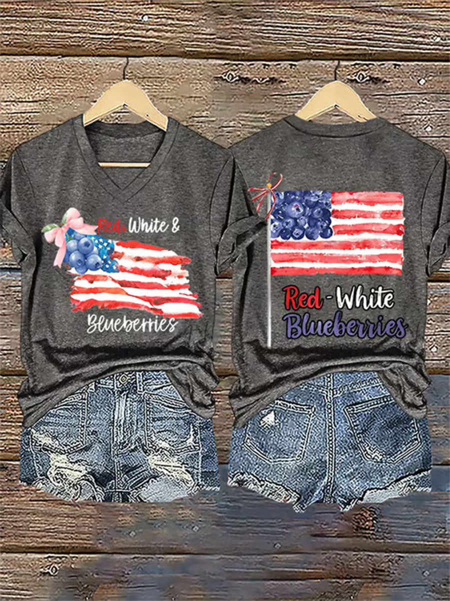 Women's Red White And Blueberries Print Casual T-shirt