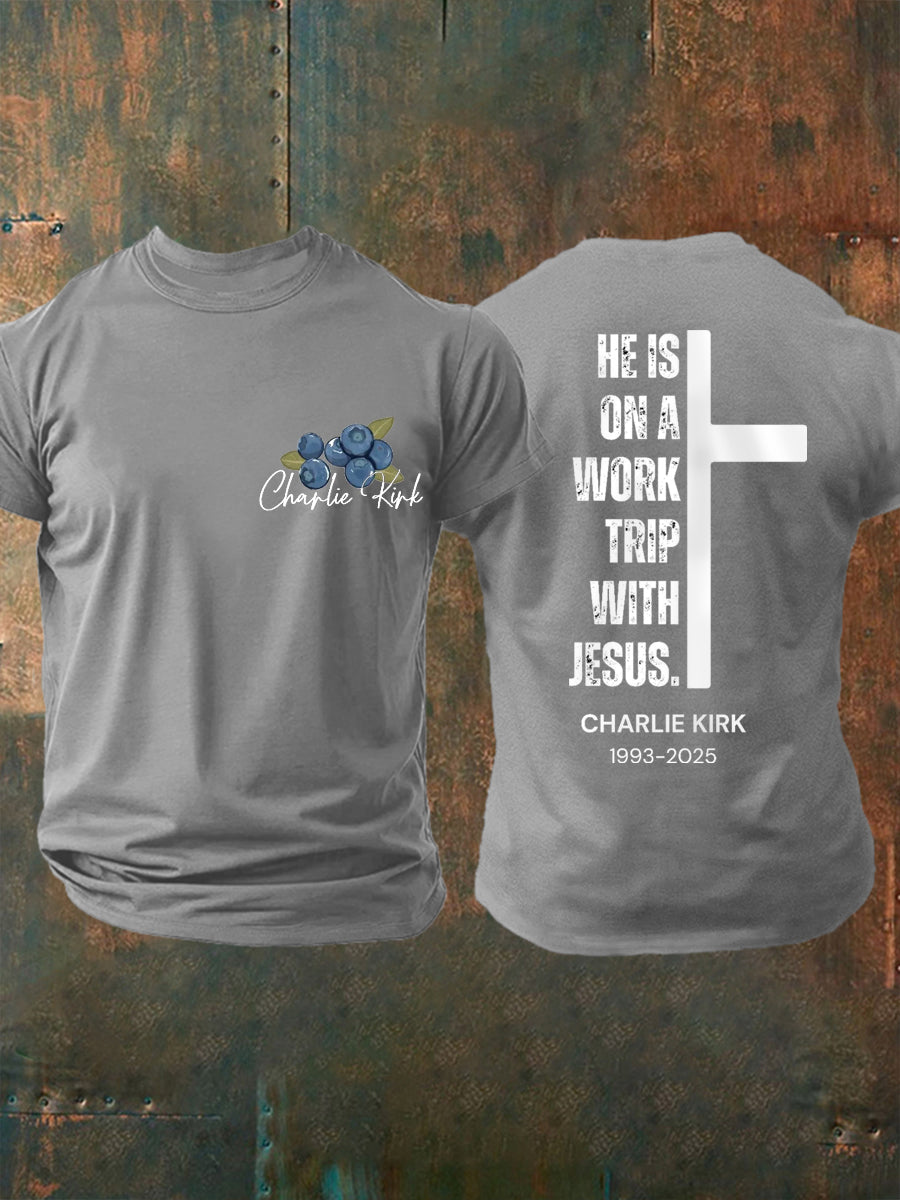 Men's He's On A Work Trip With Jesus Faith Based Inspired By Erika Kirk, Pray For Charlie Kirk Tee