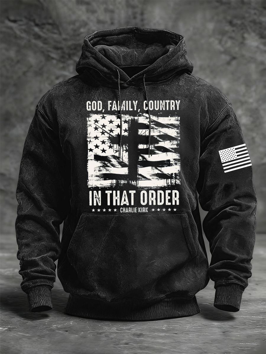 Men's God Family Country Charlie Kirk Oversized Drop-Shoulder Hoodie with Pockets