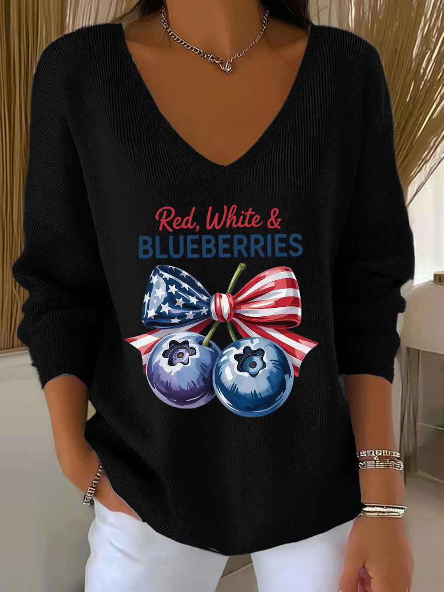 Women's 'Red White & Blueberries' V-neck long sleeve T-shirt
