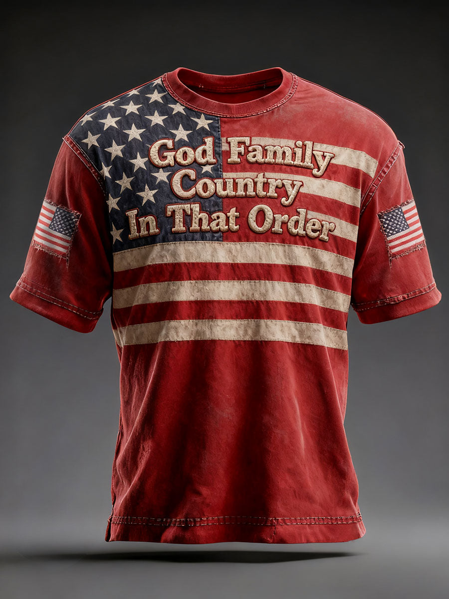Men's Retro God Family Country In That Order Printed T-shirt