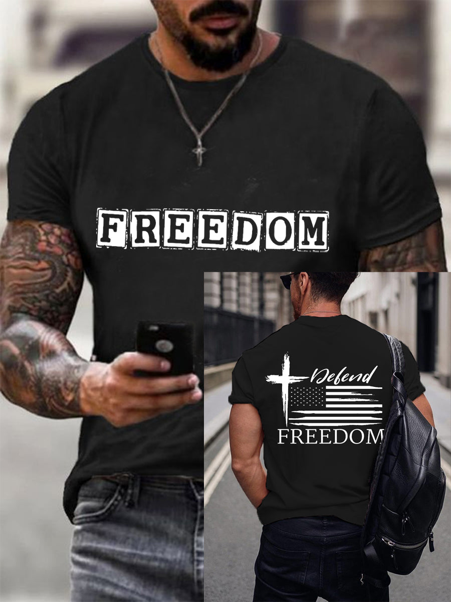 Men's Defend Freedom Charlie Kirk Cross Faith USA Flag Print Tee