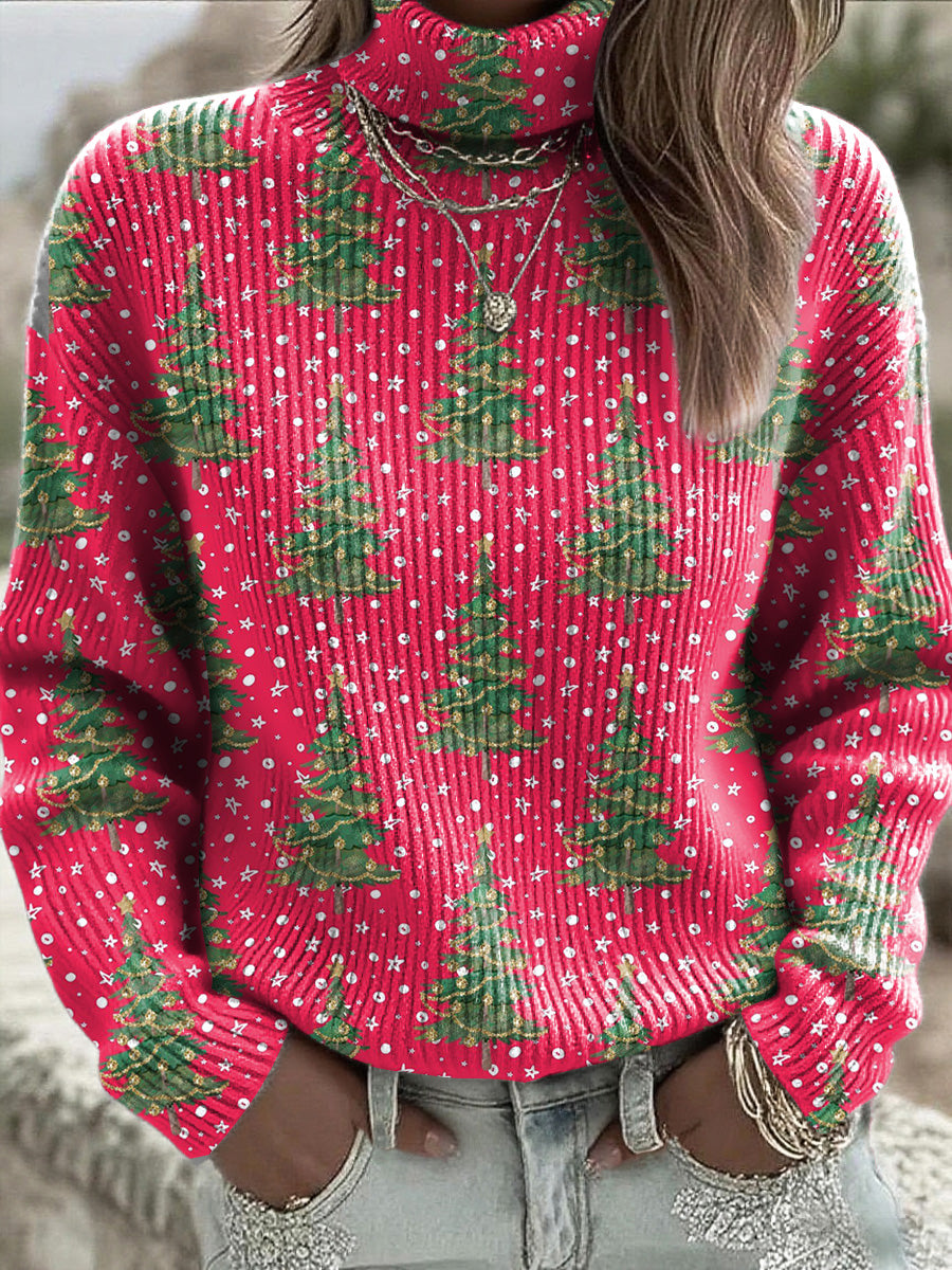 Women's Pink Christmas Tree Turtleneck Sweater
