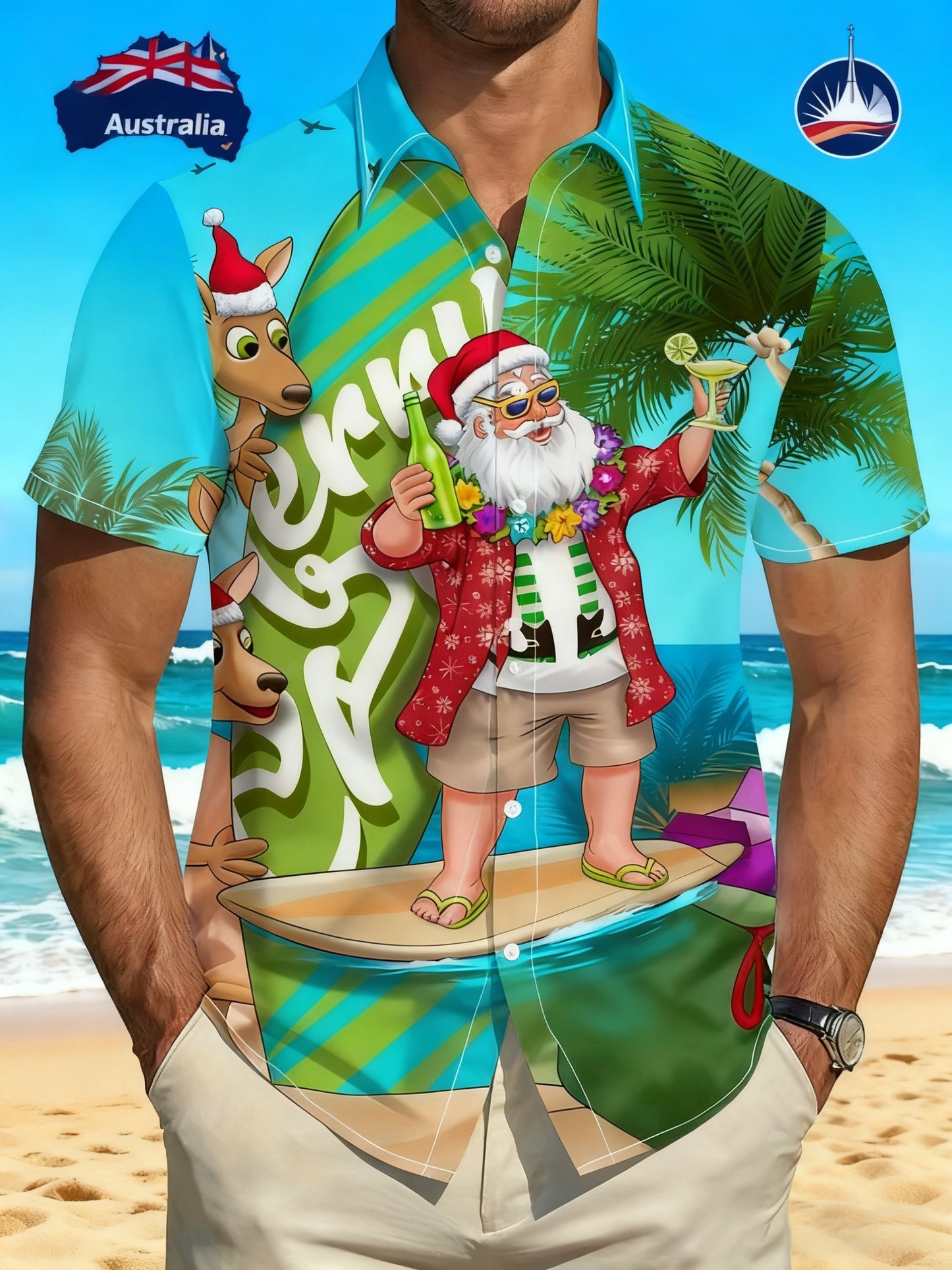 Men's Retro Australian Christmas Santa Claus Beach, Beer Abstract Print Casual Cotton Short Sleeve Shirt